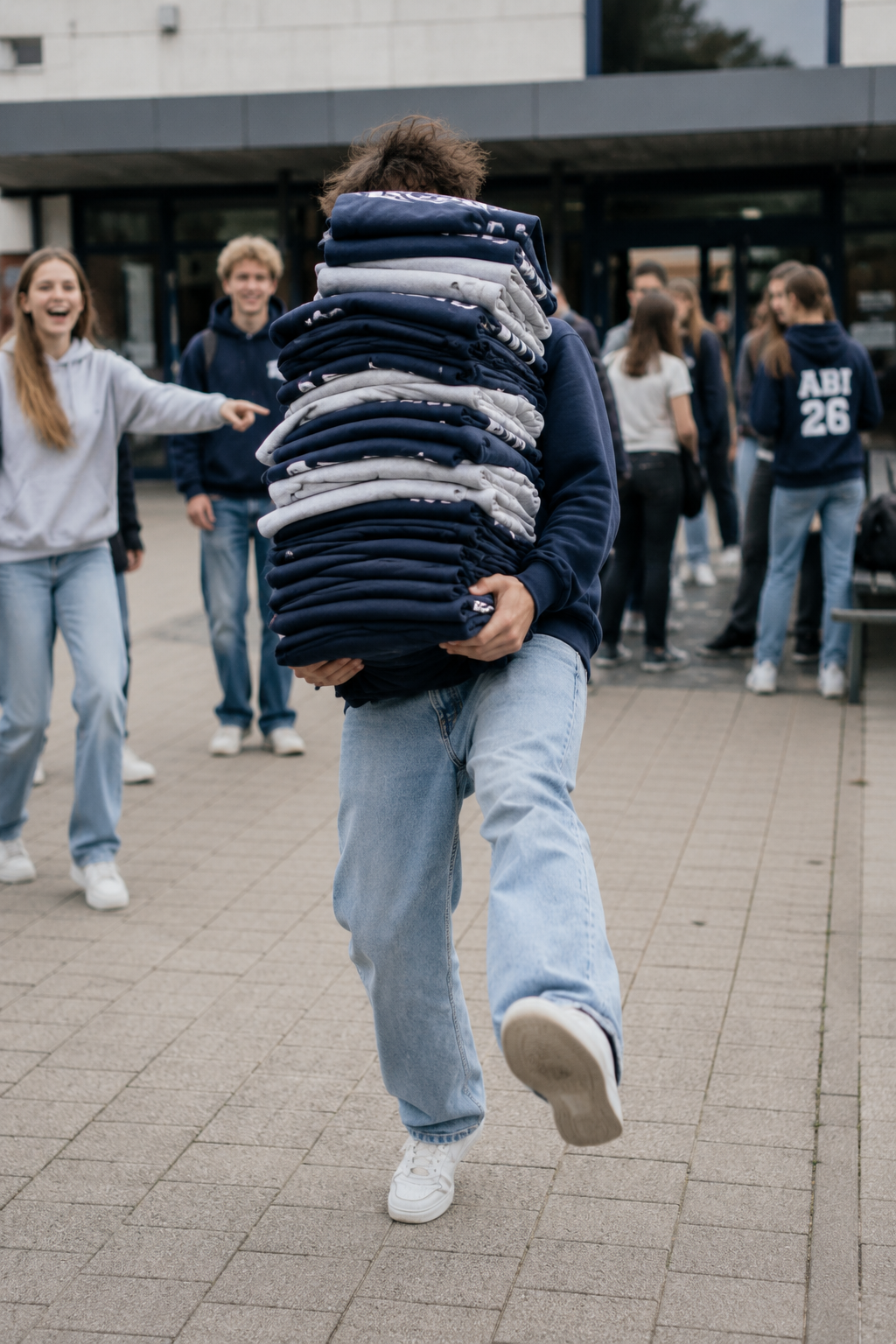 Schueler traegt einen Stapel Hoodies auf dem Schulhof